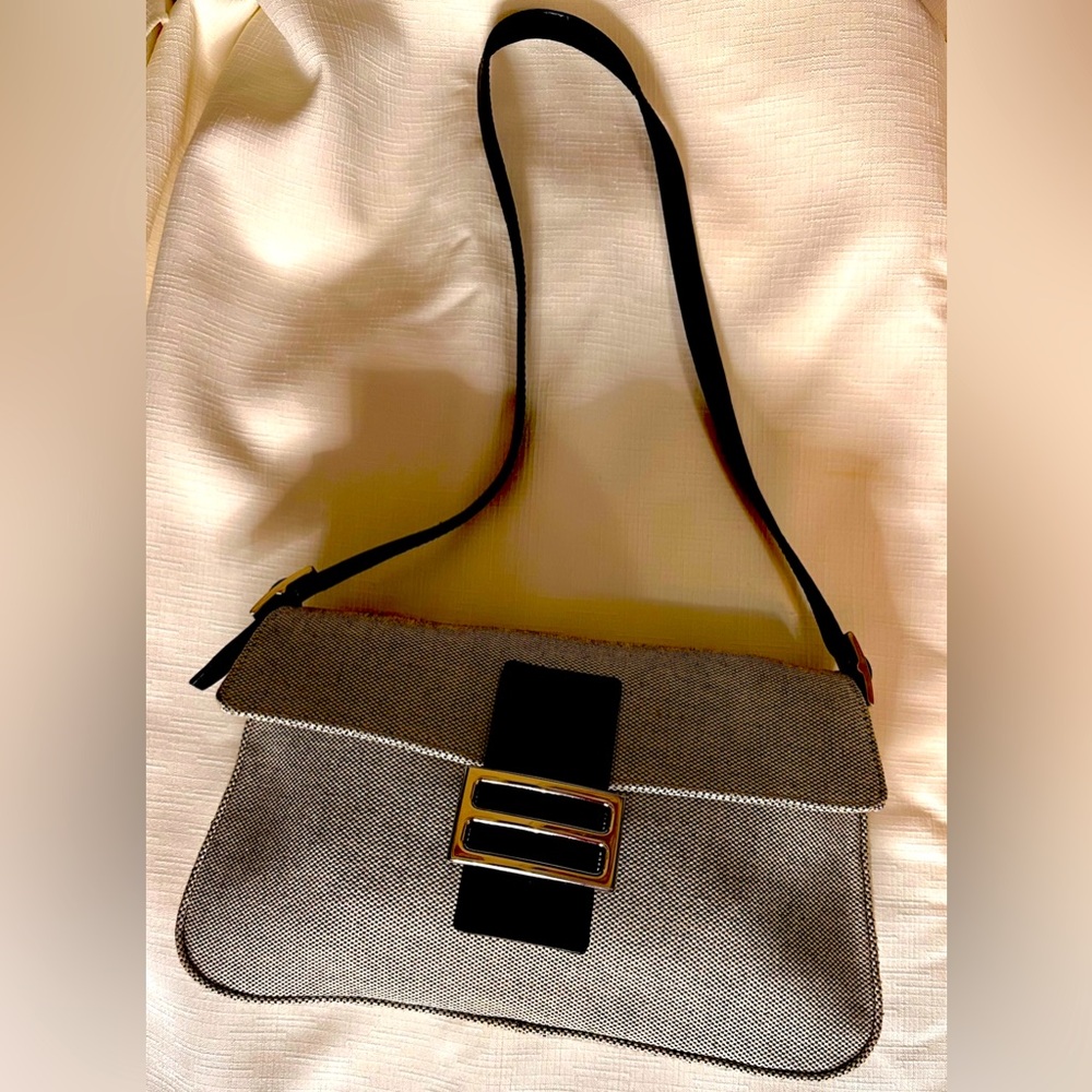 XXI Secolo blk leather & gray canvas shoulder bag-very good condition-vtge-Italy - Picture 6 of 9